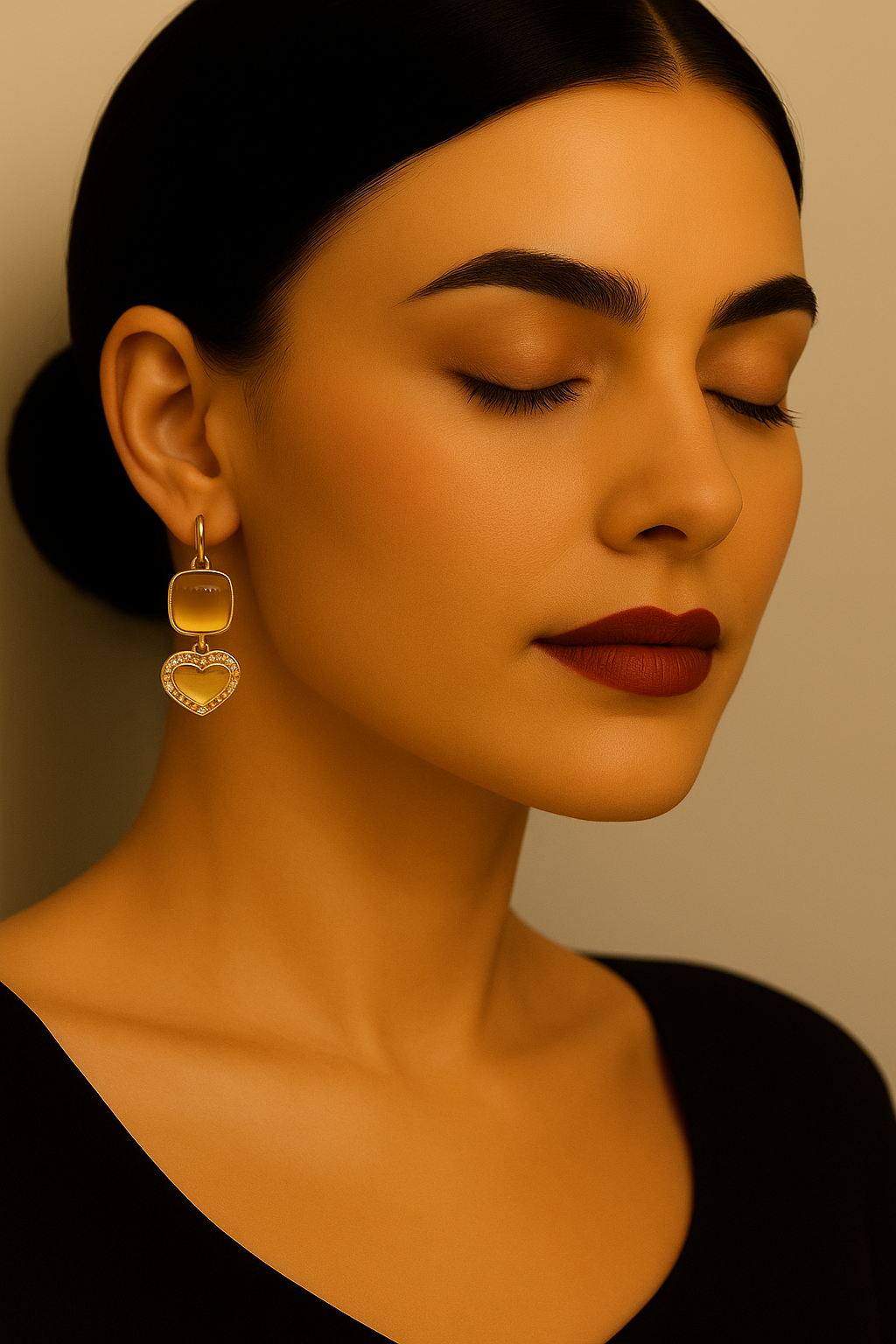 Orecchini pendenti dorati con cristallo ambra e cuore luminoso