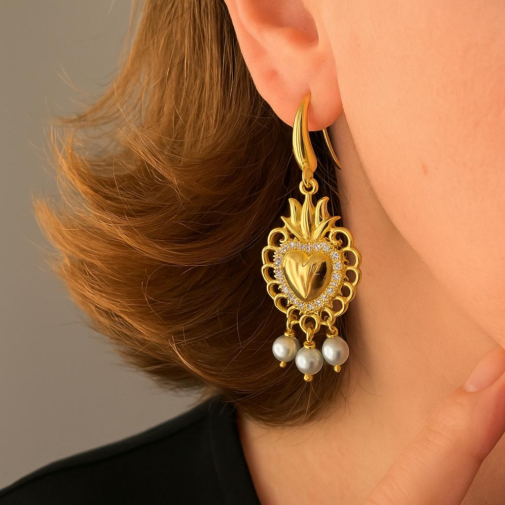 Orecchini Cuore Sacro con Perle d’Acqua Dolce